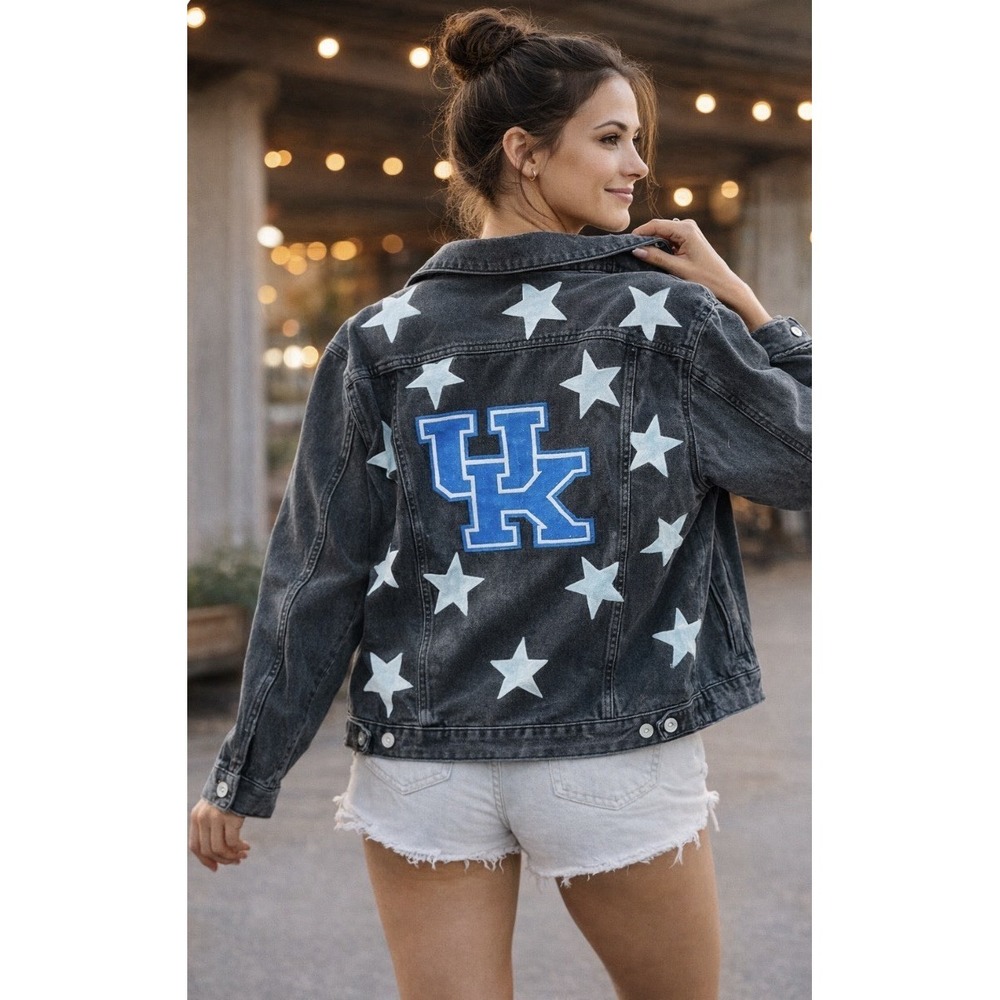 Boutique Painted Kentucky‎ Wildcats UK Stars denim Jean Black jacket M Oversized